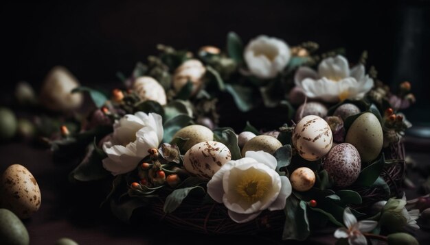 Frische Frühlingsblumen in einer rustikal verzierten Vase, die von KI generiert wurden