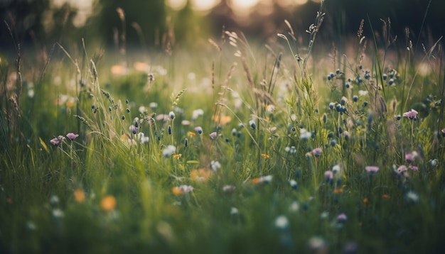 Kostenloses Foto frische gelbe gänseblümchen blühen bei sonnenaufgang auf einer ruhigen wiese, die von künstlicher intelligenz erzeugt wurde