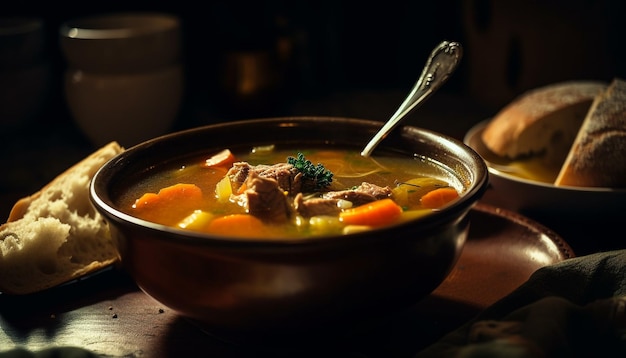 Frische Gemüsesuppe mit geschmortem Rindergulasch, erzeugt von KI