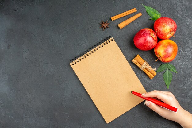 Frische natürliche organische rote Äpfel mit grünen Blättern Zimtlimetten neben Notizbuch mit Stift auf schwarzem Hintergrund