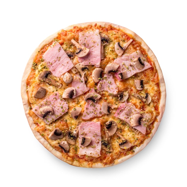 Frische Pizza mit Pilzen, Schinken, Käse auf weißem Hintergrund. Platz kopieren. Mit Liebe hausgemacht. Schnelle Lieferung. Rezept und Menü. Ansicht von oben.