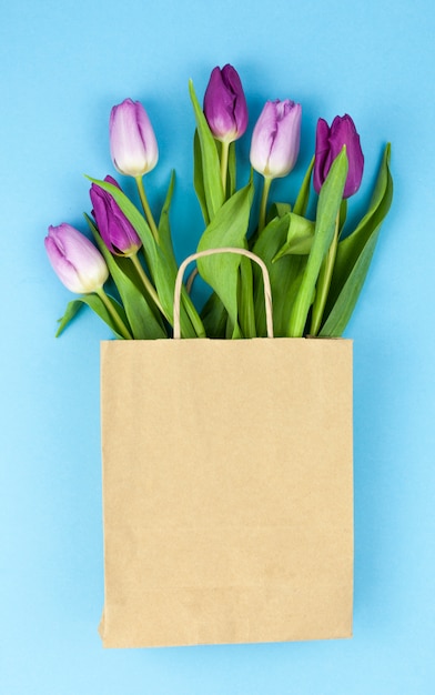 Frische purpurrote Tulpe blüht im braunen Papier über blauer Oberfläche