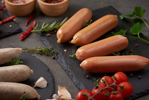 Kostenloses Foto frische rohe würste und zutaten zum kochen. klassische gekochte fleischwurst auf schneidebrett mit pfeffer, rosmarin, kräutern und gewürzen.