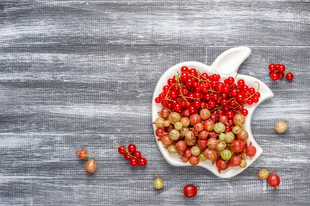 Frische süße Bio-Stachelbeeren und rote Johannisbeeren in Schalen