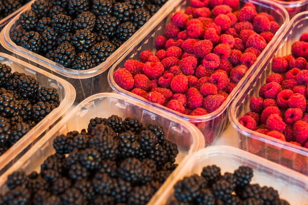 Frische transparente Plastikkiste gefüllt mit Himbeeren und Brombeeren