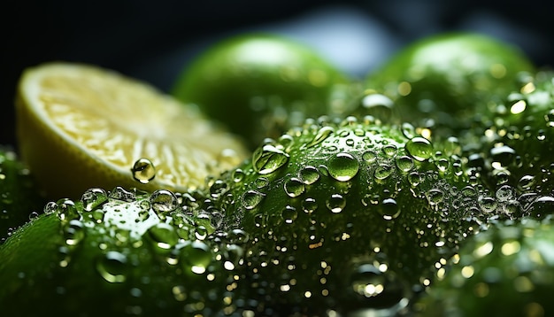 Kostenloses Foto frische tropfen aus der nähe der natur feuchte grüne früchte hintergrund taus, erzeugt von künstlicher intelligenz