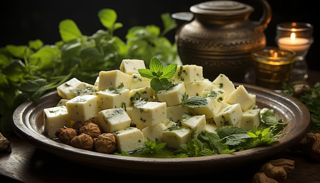 Kostenloses Foto frische und gourmet auf einem rustikalen holztisch gesundes essen, erzeugt durch künstliche intelligenz