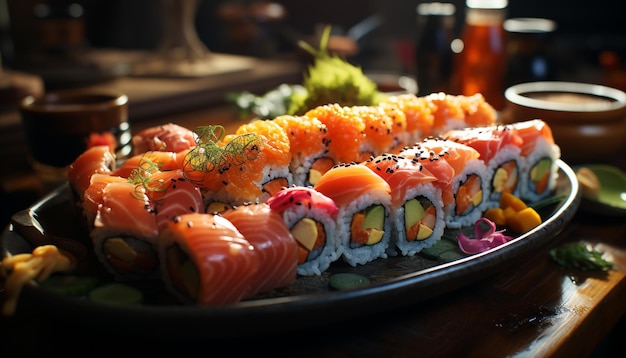 Frische und Kulturen auf einem Teller mit Meeresfrüchten und Sashimi, generiert durch künstliche Intelligenz