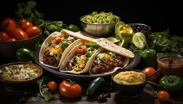 Frische und Würze in einer mexikanischen Mahlzeit mit Tomate und Guacamole, erzeugt durch künstliche Intelligenz