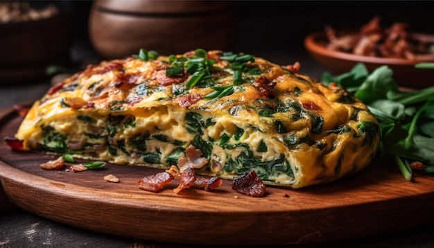 Frische vegetarische Mahlzeit auf Holzplatte mit Kräutern, die von KI erzeugt werden