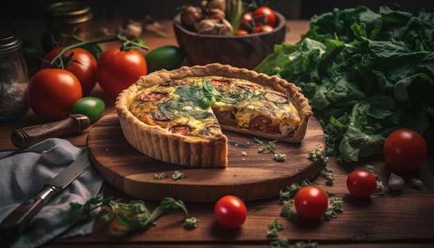 Frische vegetarische Quiche auf rustikalem Holztisch, generiert von AI