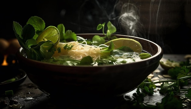 Frische vegetarische Suppe mit Koriander und Limette, erzeugt von KI