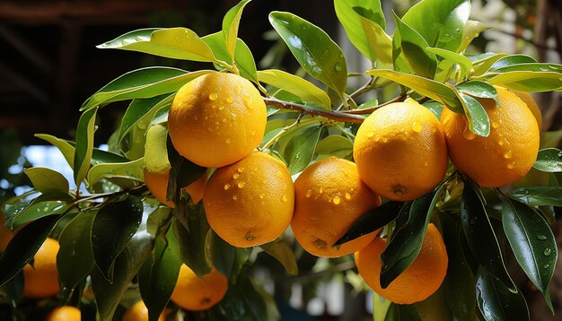 Frische von Zitrusfrüchten auf einem grünen Ast in der Natur, erzeugt durch künstliche Intelligenz