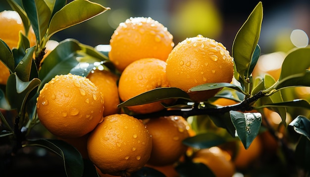 Frische von Zitrusfrüchten in natürlichen grünen Blättern auf Bio-Baum, erzeugt durch künstliche Intelligenz