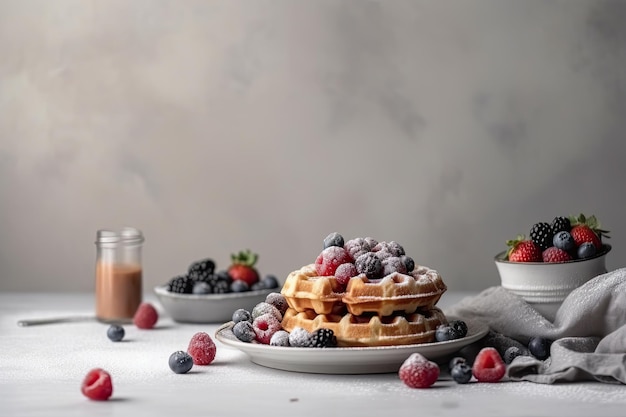 Frische Waffeln mit Beeren und Zuckerpulver auf weißem Hintergrund Ai generativ