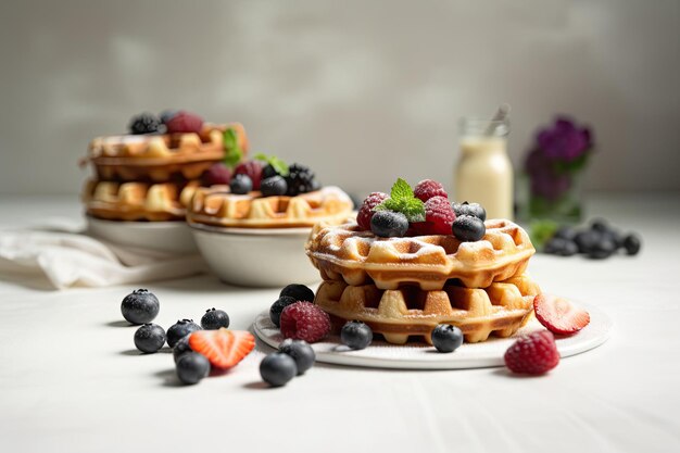 Frische Waffeln mit Beeren und Zuckerpulver auf weißem Hintergrund Ai generativ