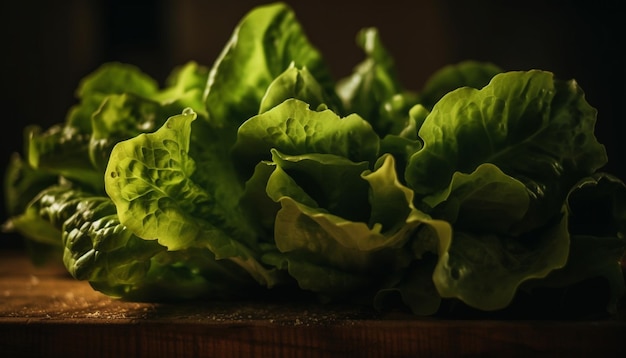 Kostenloses Foto frischer bio-salat auf rustikalem holztisch, generiert von ai