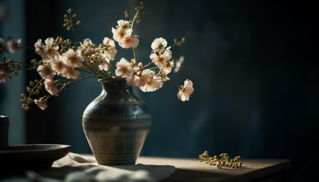 Frischer Blumenstrauß in rustikaler Vase auf Holztisch, generiert von AI