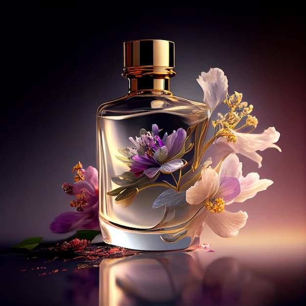 Frischer Duft von lila Blüten in generativer AI-Glasflasche