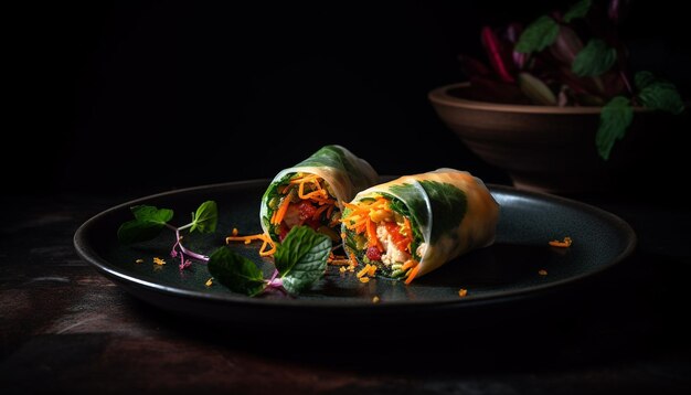 Frischer Gourmet-Taco-Teller mit Koriander vom Rind und Avocado-Guacamole, generiert von KI