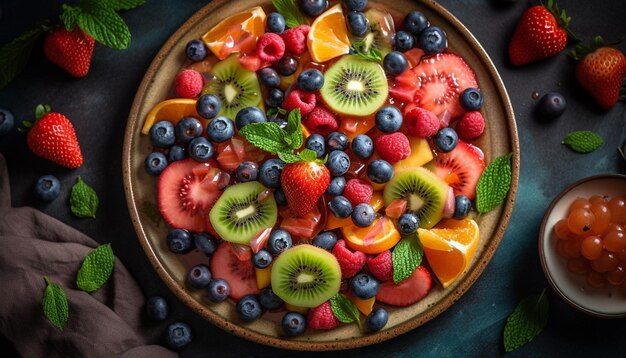 Frischer Obstsalat mit Beeren, Erdbeeren und Himbeeren, generiert von KI