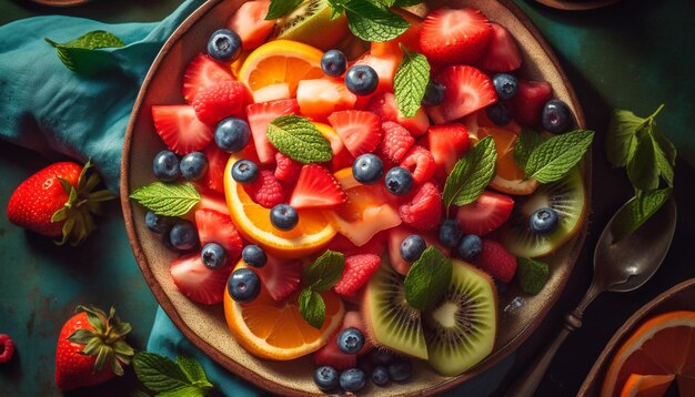 Frischer Obstsalat mit Heidelbeeren, Erdbeeren und Himbeeren, erzeugt von KI