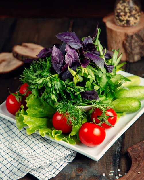 frischer Salat mit Tomaten, Gurken und Greneery