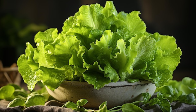 Frischer Salat, Natur, gesunder Gourmet, Nahaufnahme eines grünen Blattes, erzeugt durch künstliche Intelligenz