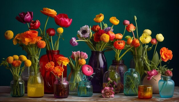 Frischer Strauß bunter Tulpen auf dem Tisch, generiert von KI