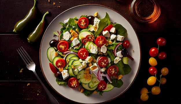 Frischer und gesunder vegetarischer Salat auf Holzplatte generativer AI