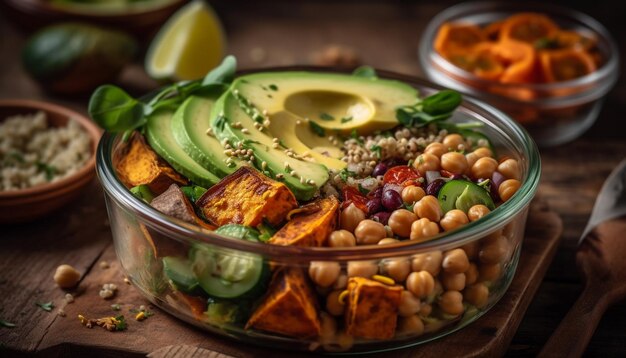 Frischer vegetarischer Guacamole-Salat in rustikaler Holzschale, generiert von AI