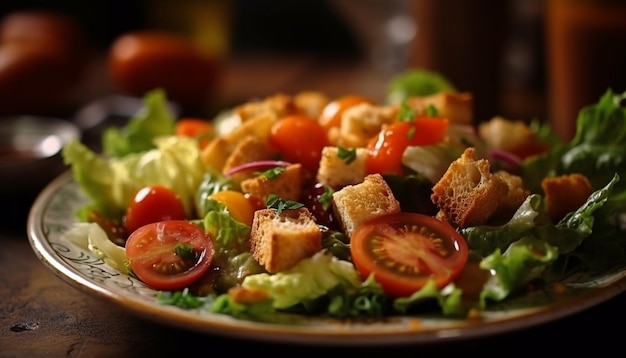 Frischer vegetarischer Salat auf Holzplatte gesunde Mahlzeit, die von KI erzeugt wird