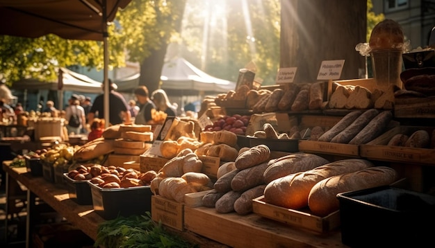 Kostenloses Foto frisches bio-brot und -obst, die im freien verkauft werden, erzeugt von ki