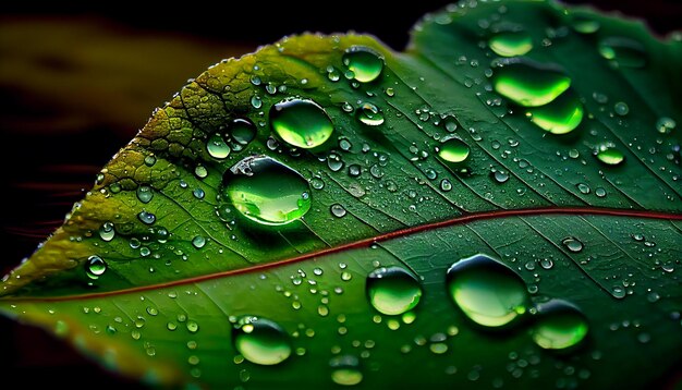 Frisches Blatt spiegelt leuchtendes Grün im Morgentau wider, der von KI erzeugt wird