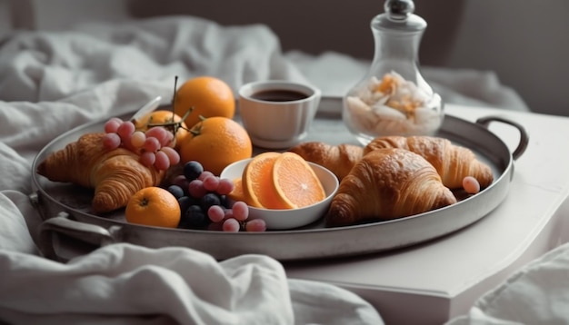 Frisches französisches Frühstückstablett auf einem gemütlichen Bett, generiert von KI