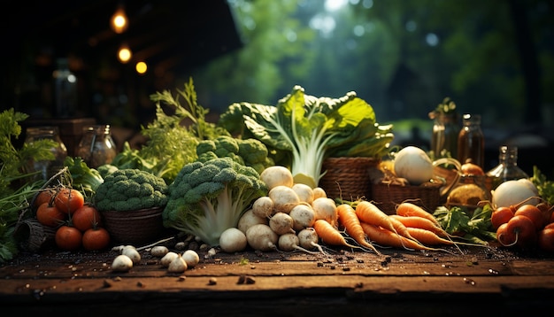 Frisches Gemüse auf einem rustikalen Holztisch, gesund und biologisch, erzeugt durch künstliche Intelligenz