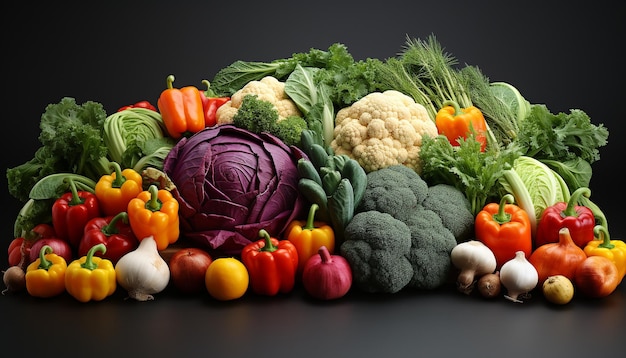 Frisches Gemüse, Tomaten, Blumenkohl, Karotten, Brokkoli, Zwiebeln, Paprika, generiert durch künstliche Intelligenz