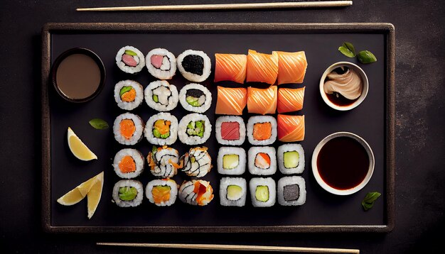Frisches Sushi, gesunde Mahlzeit, wohlschmeckende Vorspeise auf dem Teller mit generativer AI