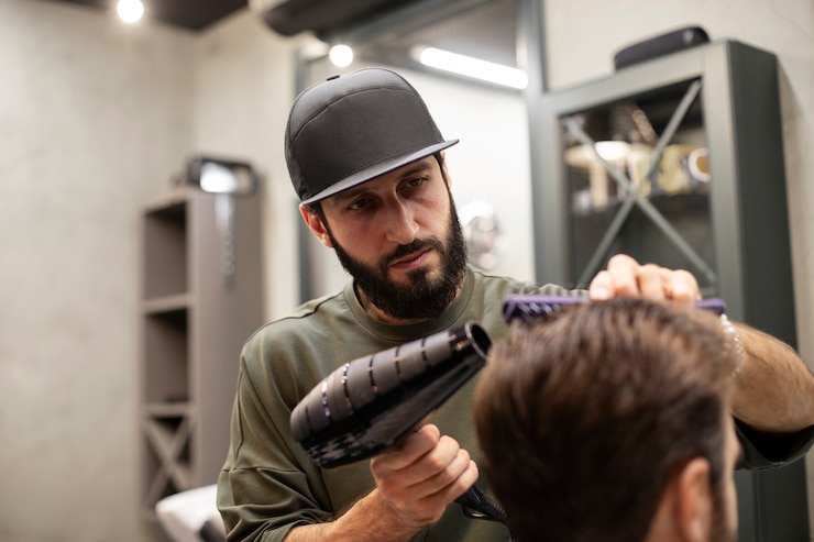 Kostenlose Foto friseur benutzt einen fön, um die haare seiner kunden zu stylen