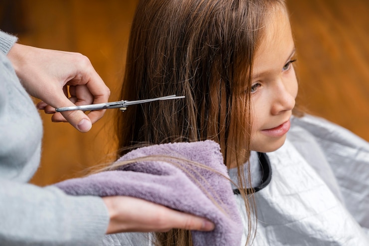 Kostenlose Foto friseur schneidet die haare des kleinen mädchens