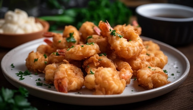 Kostenloses Foto frittierte garnelen am spieß mit herzhafter sauce, die von ki erzeugt wird