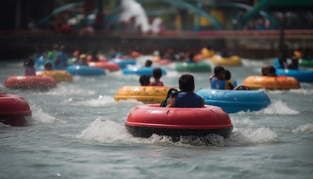 Kostenloses Foto fröhliche kinder, die auf einem aufblasbaren floß rutschen und von ki erzeugtes wasser spritzen