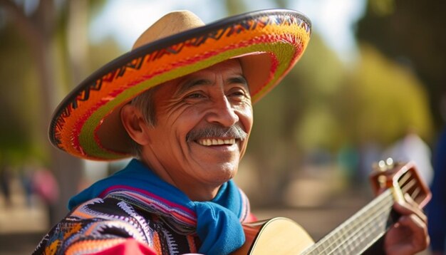 Fröhlicher Musiker mit Sombrero spielt von KI generierte Akustikgitarre im Freien