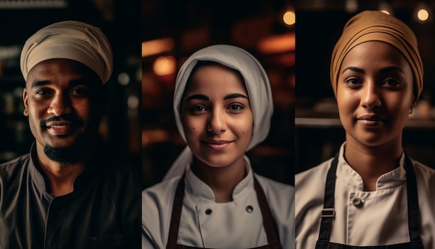 Fröhliches multiethnisches Team lächelnder Köche, generiert von KI