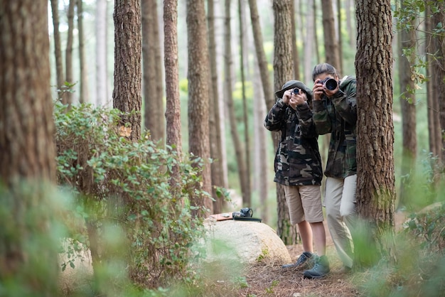 Froh, dass Mutter und Sohn Zeit im Wald verbringen. Frau und Sohn in Freizeitkleidung mit Kameras, die hinter Bäumen hervorschauen. Hobby, Familie, Natur, Fotografiekonzept