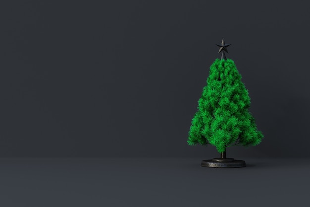 Frohe Weihnachten-Komposition mit goldenen Kugeln und Pine Tree Branches Vorderansicht. Neujahrsrahmenmodell mit Kopienraum 3D-Rendering