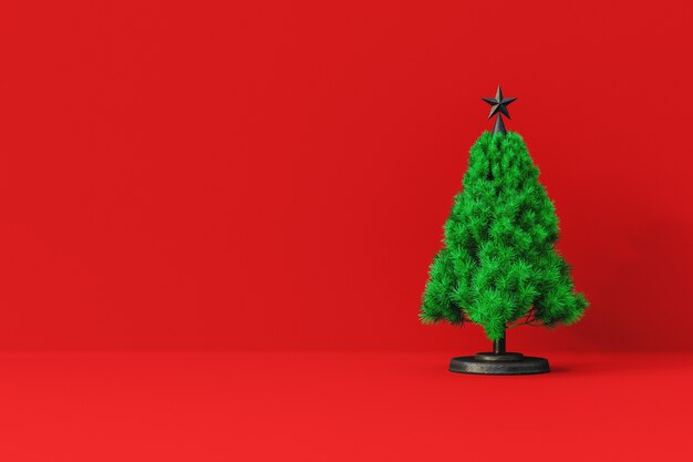 Frohe Weihnachten-Komposition mit goldenen Kugeln und Pine Tree Branches Vorderansicht. Neujahrsrahmenmodell mit Kopienraum 3D-Rendering