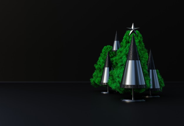 Frohe Weihnachten-Komposition mit goldenen Kugeln und Pine Tree Branches Vorderansicht. Neujahrsrahmenmodell mit Kopienraum 3D-Rendering