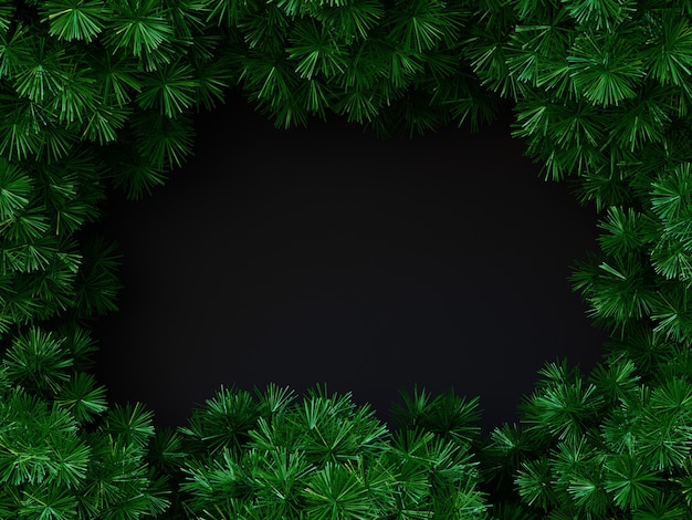 Frohe Weihnachten-Rahmenzusammensetzung mit Pine Tree Branches Ansicht von oben. Neujahrsrahmenmodell mit Kopienraum 3D-Rendering