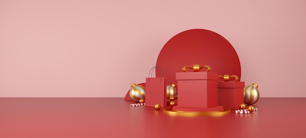 Frohe weihnachten und ein glückliches neues jahr banner rote einkaufstasche auf rotem hintergrund